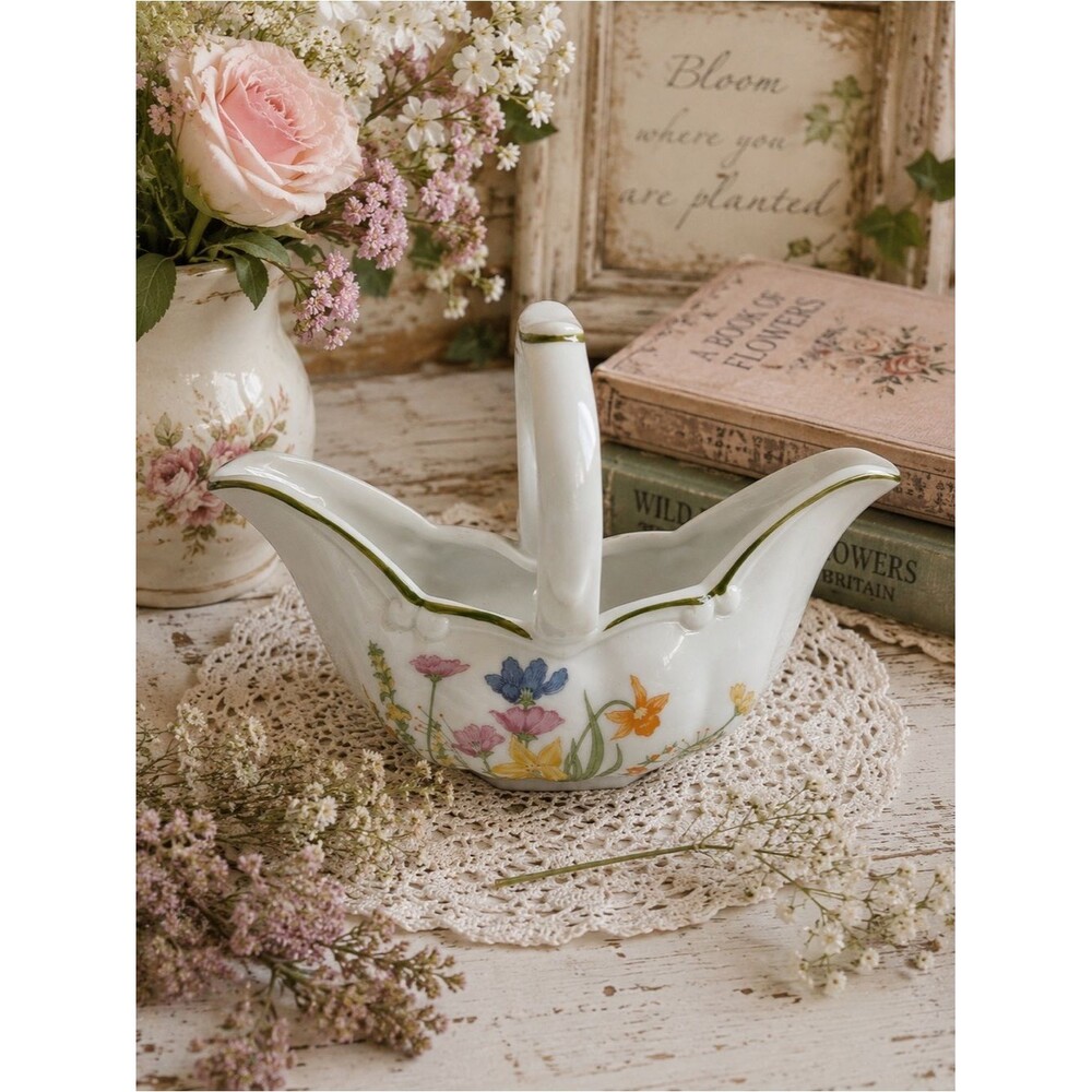 Vintage MANN Day Lily Fine China Basket Japan Floral Trinket Basket Cottagecore